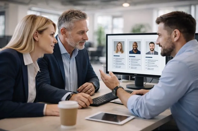 Executive team reviewing software developer candidates with staffing partner