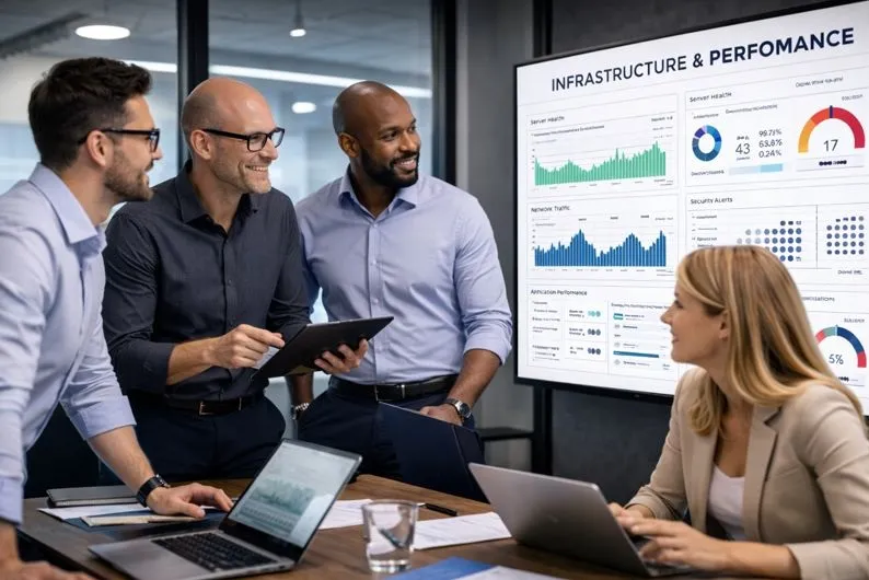 IT leaders reviewing infrastructure performance and systems reliability metrics
