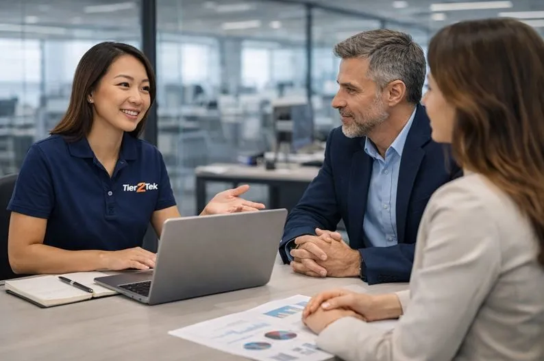 Tier2Tek recruiter meeting with engineering leaders to plan direct hire algorithms engineer recruitment.