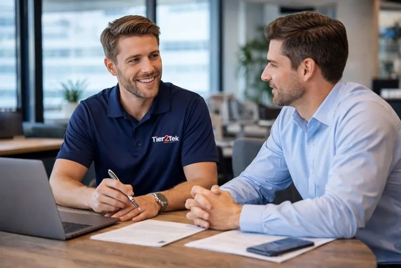 Tier2Tek recruiter consulting with a hiring manager about direct hire Business Analyst staffing needs.