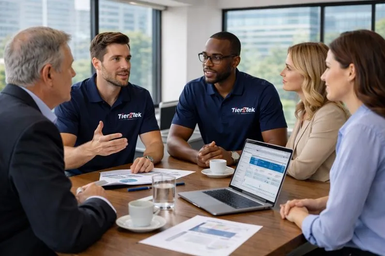 Tier2Tek recruiters consulting with enterprise clients on direct hire SAP recruitment needs