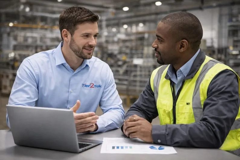 Tier2Tek recruiter consulting with an employer on direct hire safety engineer staffing needs.