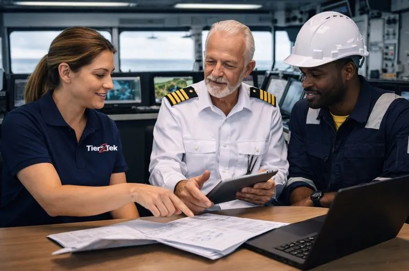 Tier2Tek recruiter collaborating with ship engineering leaders for direct hire ship engineer staffing