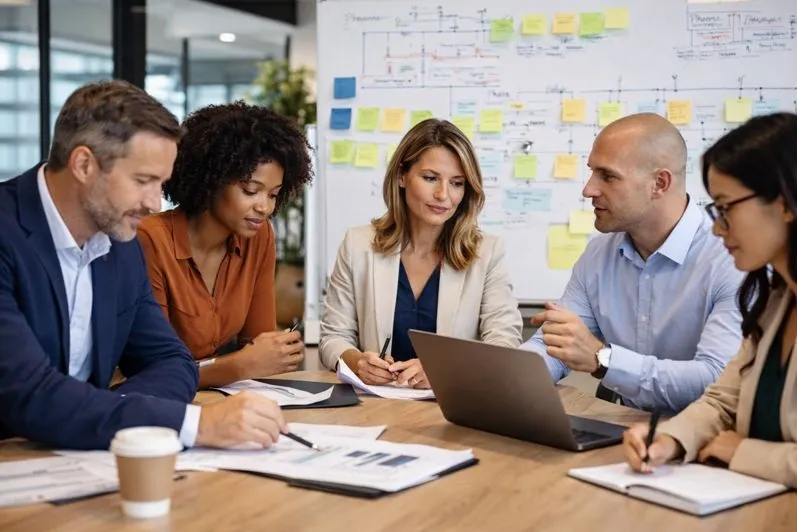 Change management professionals collaborating on organizational transformation and adoption planning.