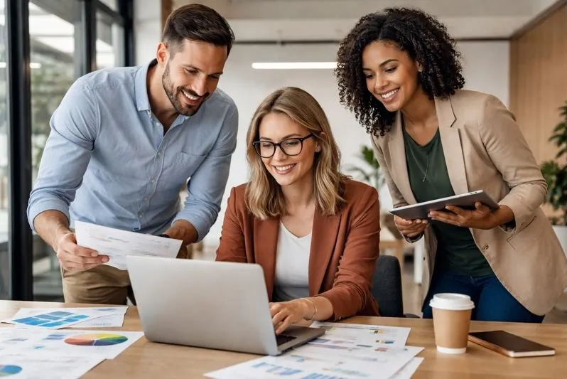 Copywriter collaborating with marketing team to create business-focused content for a growing company