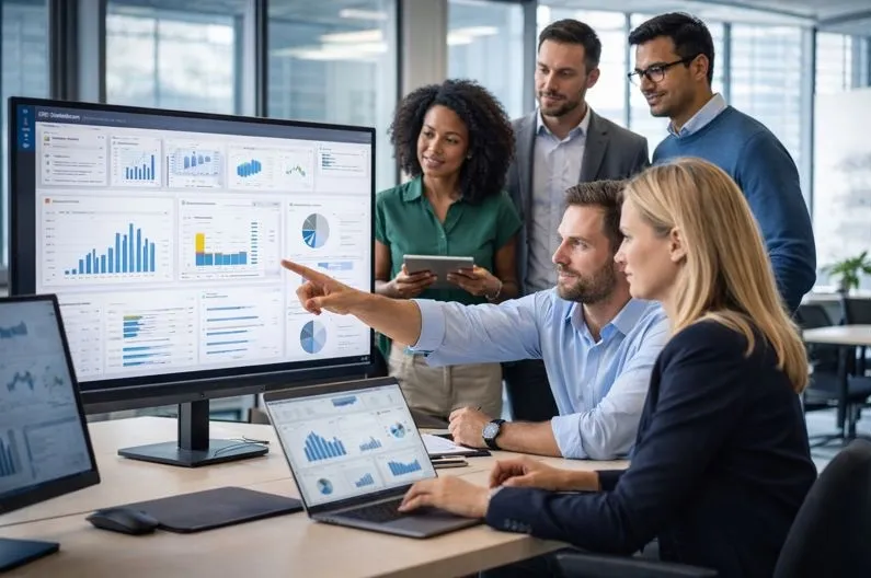 ERP professionals reviewing enterprise system dashboards during a direct hire staffing engagement