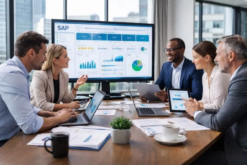 SAP professionals collaborating in an enterprise office environment supporting direct hire SAP staffing for Tier2Tek Staffing