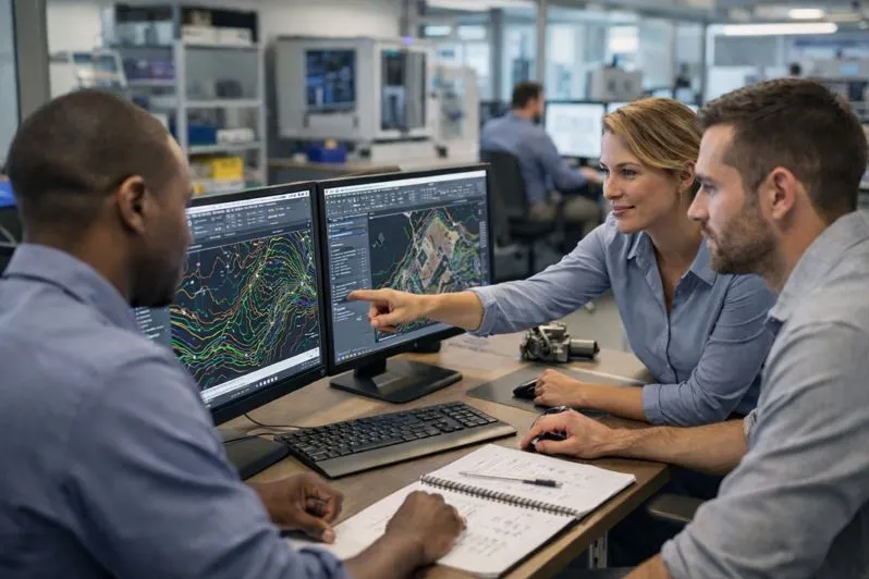 CAD professionals reviewing land surveying site plans in AutoCAD software within a modern office