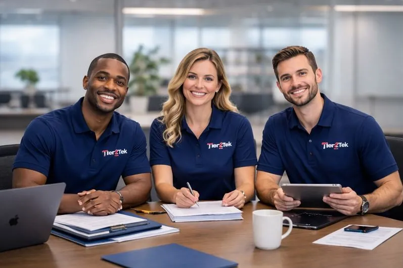 Direct-hire recruiters meeting to review candidates for IT support and CAD staffing roles