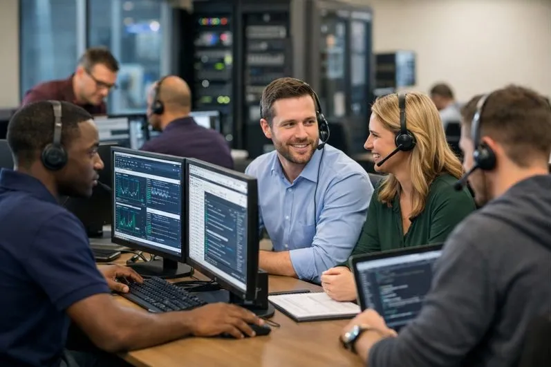 IT support professionals working together in a modern enterprise office environment