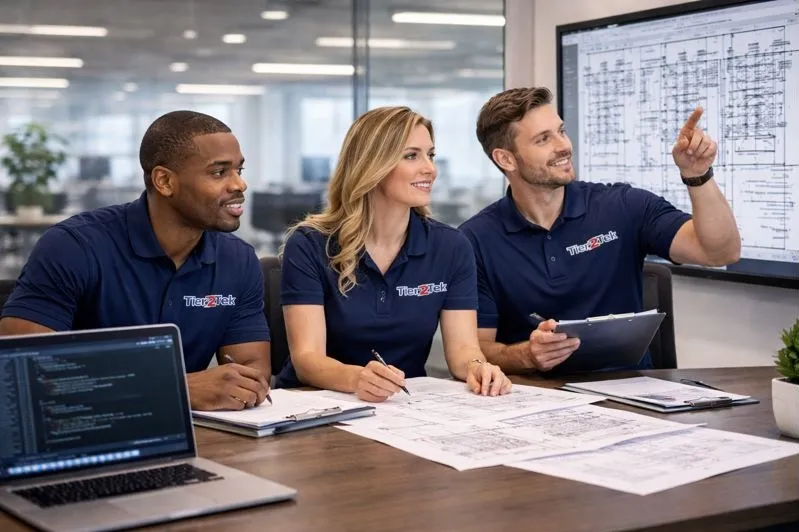 Tier2Tek recruiters collaborating on CAD and IT support hiring in a modern office environment