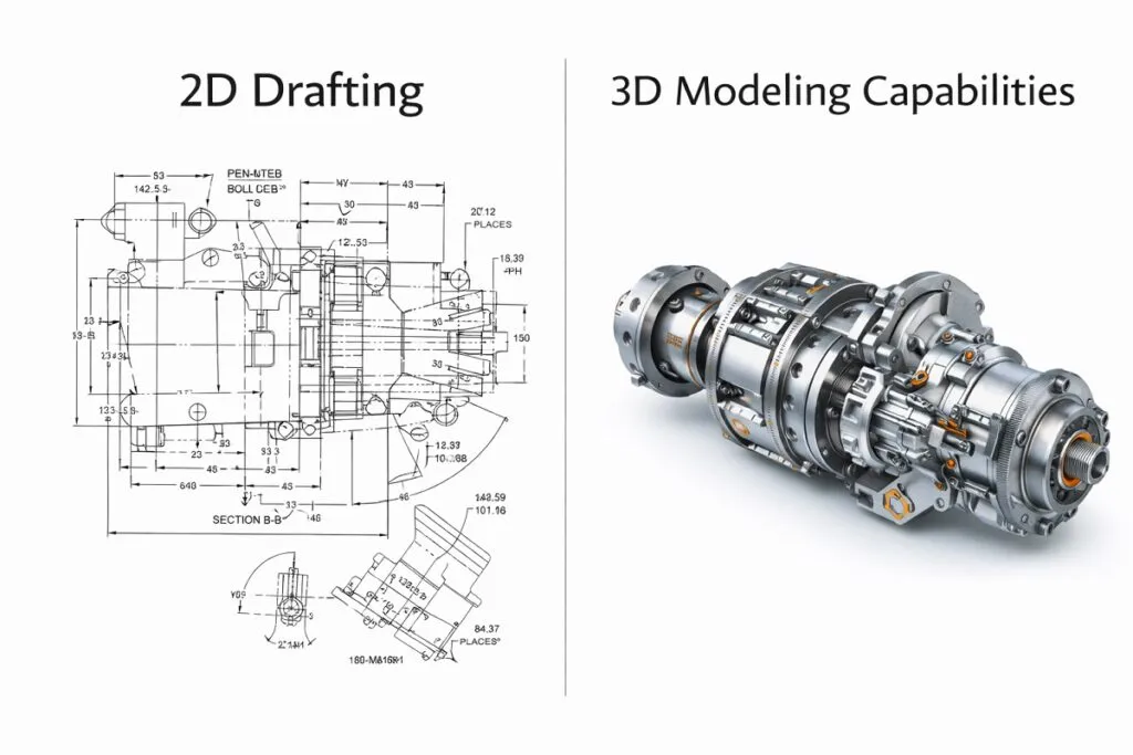 2D drafting blueprint compared with 3D mechanical CAD model illustrating design capabilities.