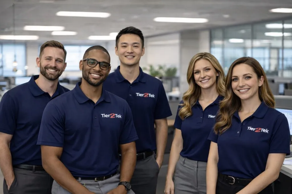 Tier2Tek Staffing recruitment team wearing branded polos in a professional office environment.