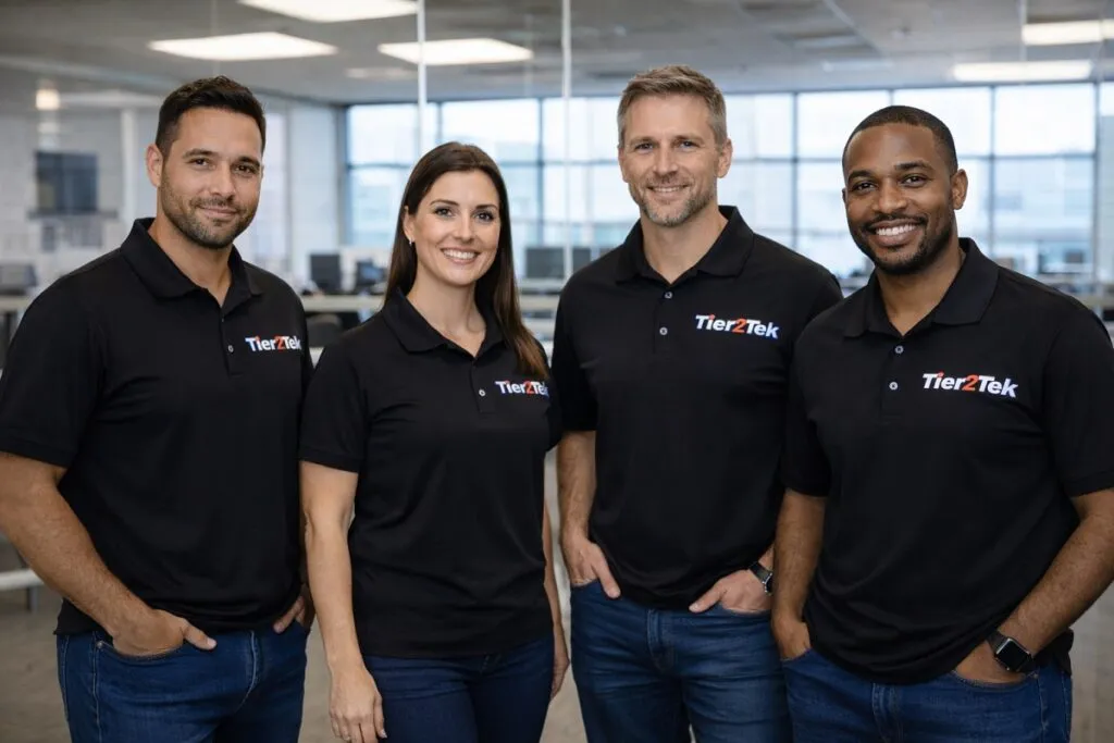 Tier2Tek Staffing recruitment team in corporate office wearing branded shirts