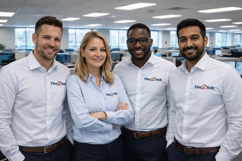 Tier2Tek IT recruiting team in a professional office environment supporting direct hire technology staffing.