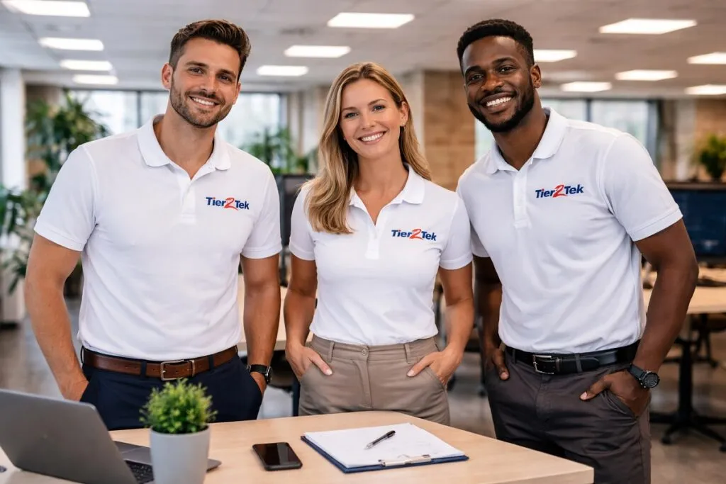 Tier2Tek Staffing recruiters in office wearing branded shirts representing Java developer direct hire expertise