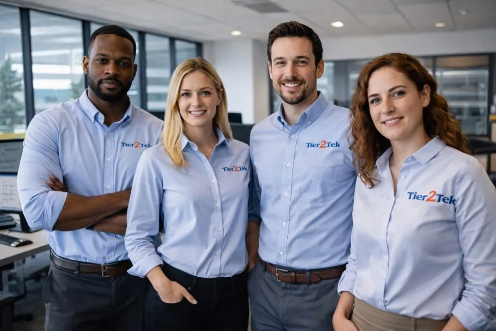Tier2Tek Staffing recruitment team in office wearing branded shirts