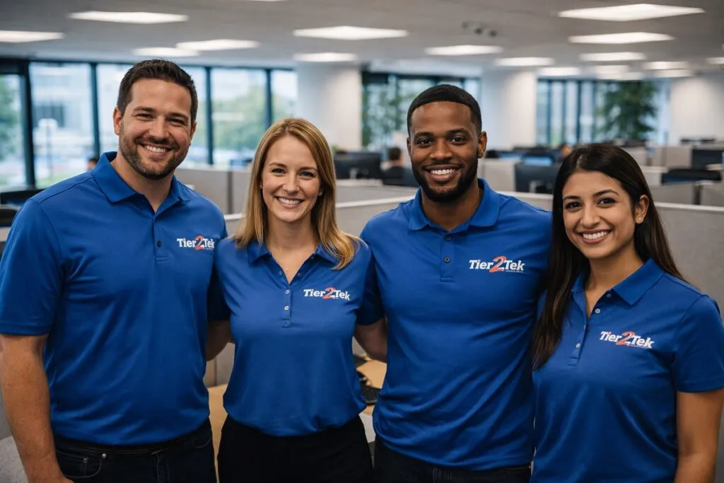 Tier2Tek Staffing recruitment team in branded shirts standing in modern office