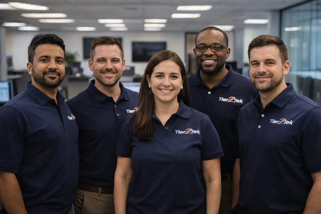 Tier2Tek Staffing telecom recruitment team in corporate office wearing branded shirts