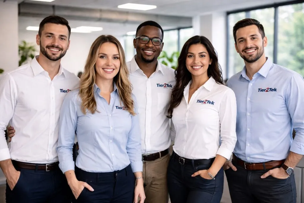 Tier2Tek Staffing recruitment team in professional office wearing branded shirts