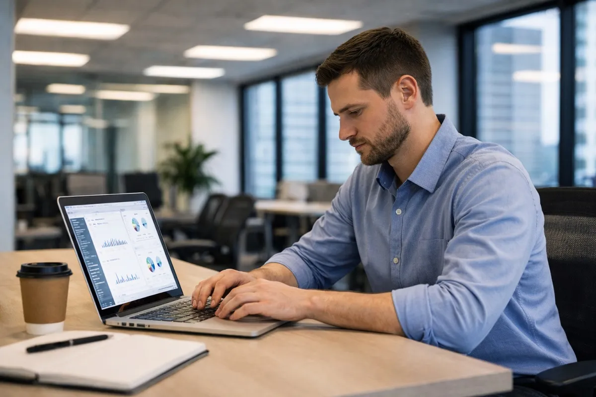 Algorithm engineer working on a laptop in a modern corporate office with large windows and business casual attire.