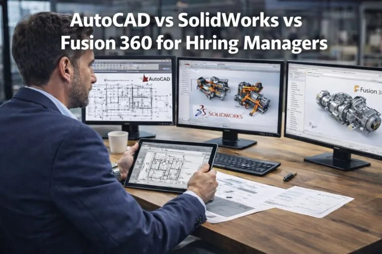 Hiring manager reviewing AutoCAD, SolidWorks, and Fusion 360 software interfaces for engineering recruitment decisions.