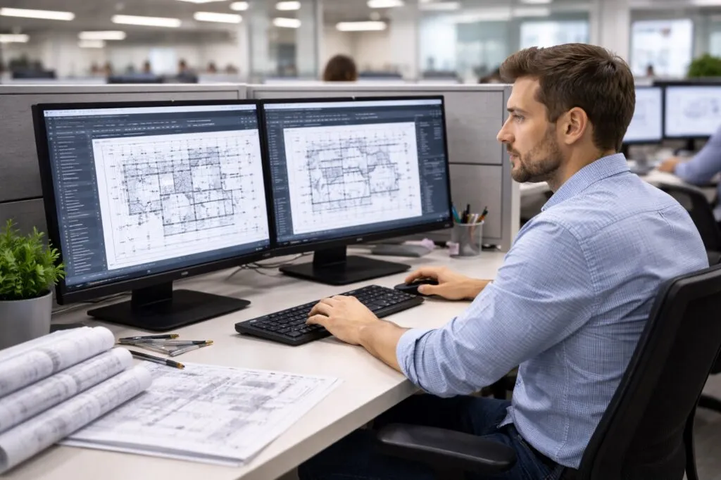 CAD designer using AutoCAD on dual monitors in a professional office cubicle, creating detailed technical drawings.