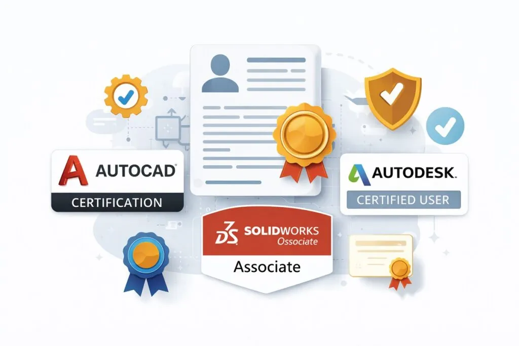 AutoCAD, SolidWorks, and Autodesk certification badges representing CAD credentials for engineering roles.