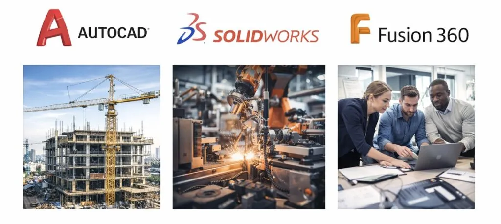 AutoCAD, SolidWorks, and Fusion 360 logos displayed with construction, manufacturing, and technology industry visuals.