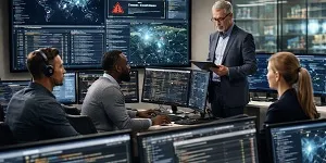 Cybersecurity professionals monitoring network activity and threat intelligence in a modern corporate security operations center.