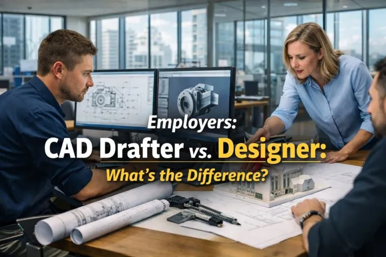Employers CAD Drafter vs Designer comparison in a modern office showing drafting and design collaboration at Tier2Tek Staffing