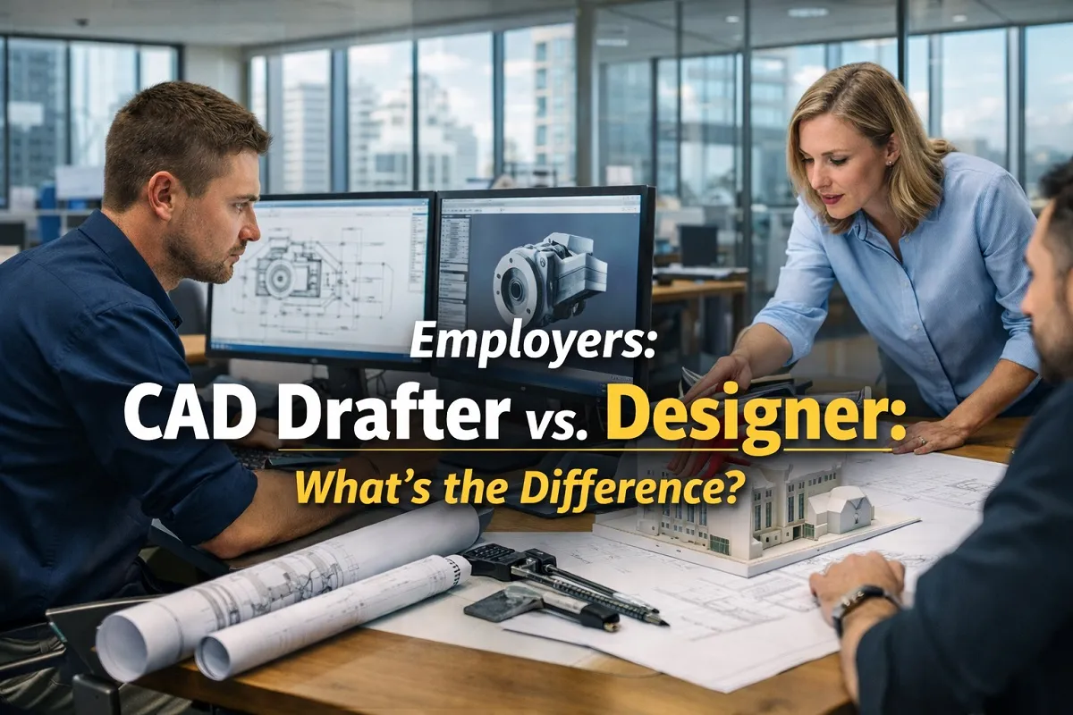 Employers CAD Drafter vs Designer comparison in a modern office showing drafting and design collaboration at Tier2Tek Staffing