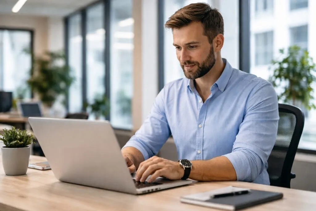 Full stack developer working on laptop in corporate office for Tier2Tek Staffing direct hire recruitment