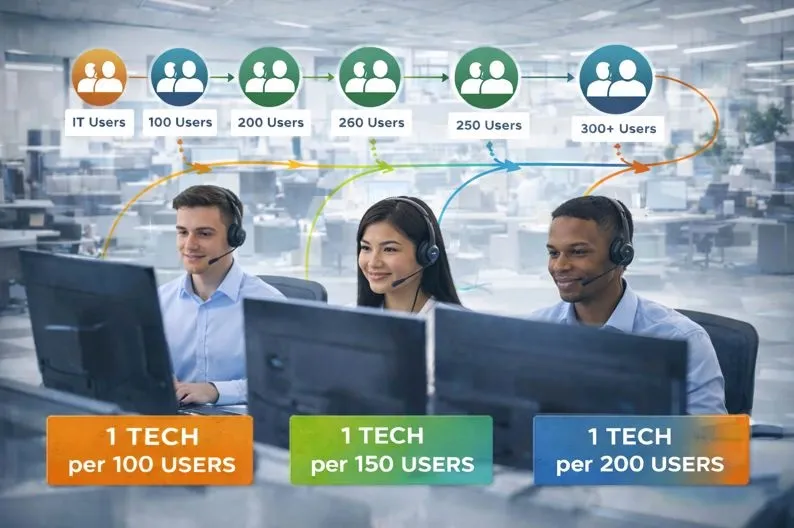 Entry-level IT help desk technicians demonstrating common support staffing ratios