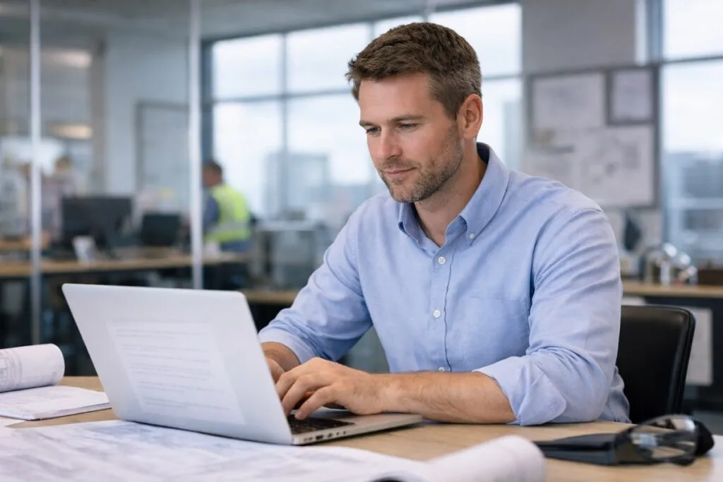 Professional engineer working on laptop in corporate office, engineering staffing and direct hire recruitment concept