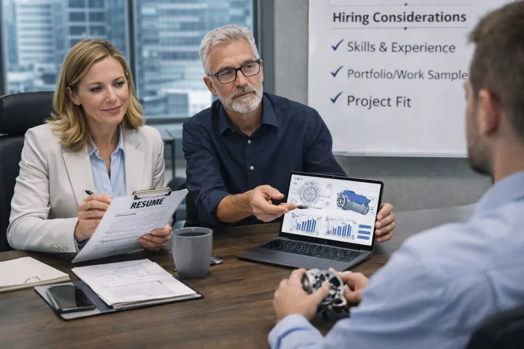 Hiring managers interviewing CAD design candidate in corporate office for Tier2Tek Staffing