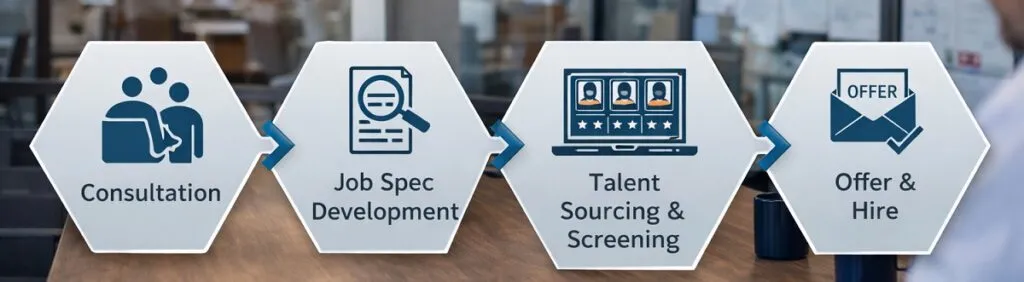 Engineering staffing workflow process showing consultation, sourcing, screening, and direct hire steps