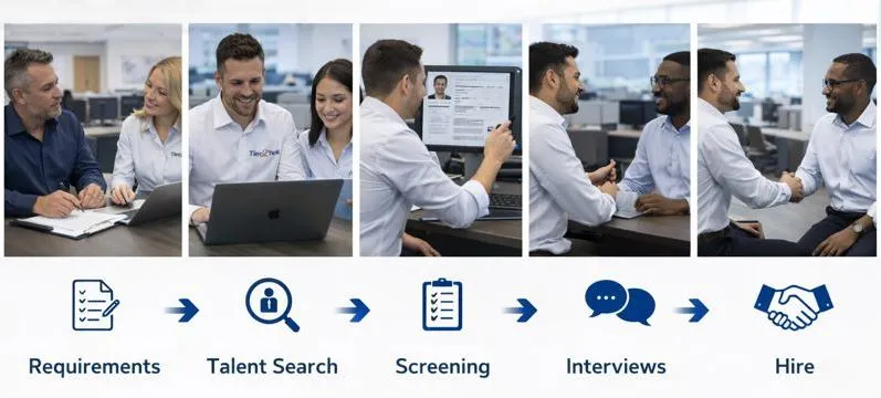 IT staffing workflow showing requirements, candidate sourcing, screening, interviews, and direct hire placement.