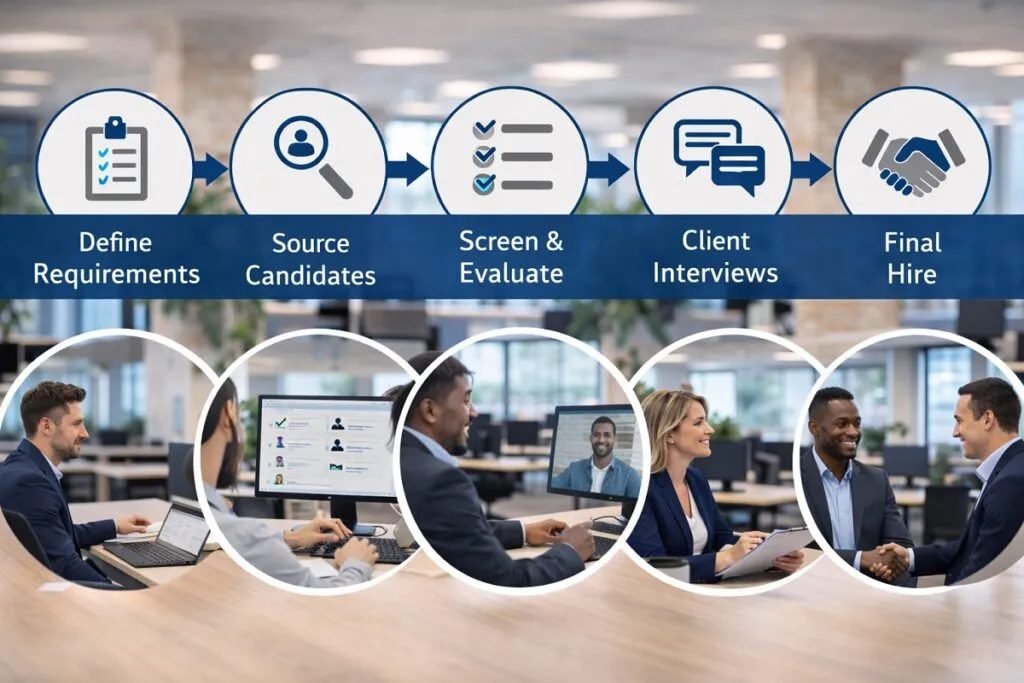 Java developer staffing workflow from requirements to final hire in professional office setting