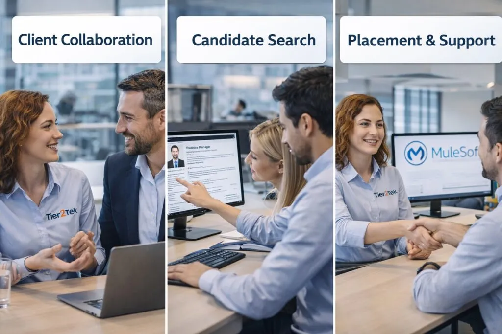 Mulesoft Engineer staffing workflow showing client collaboration, candidate search, and placement support