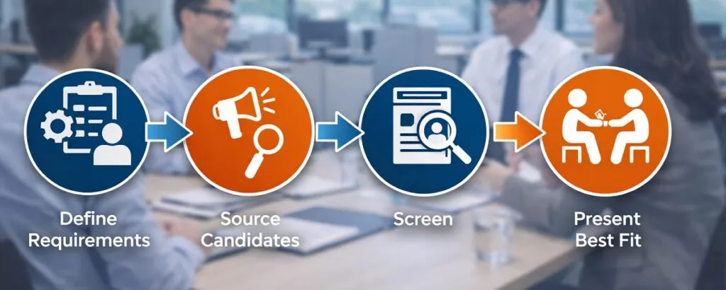 Technical writer staffing workflow showing define requirements, source candidates, screen, and present best fit
