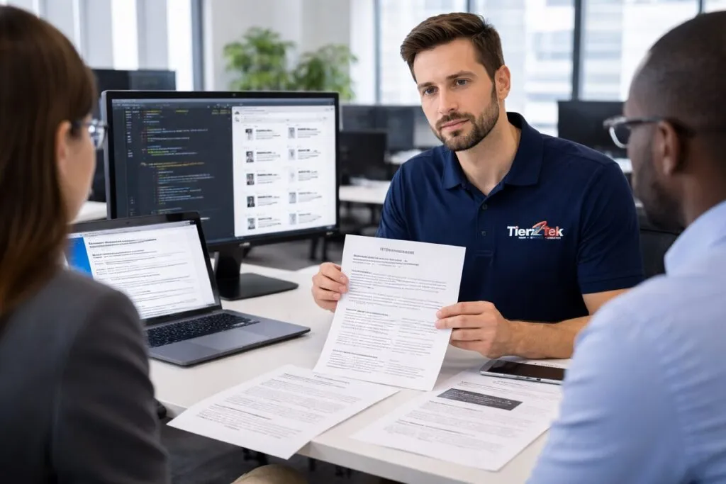 Tier2Tek Staffing recruiter reviewing .NET developer resume in corporate office