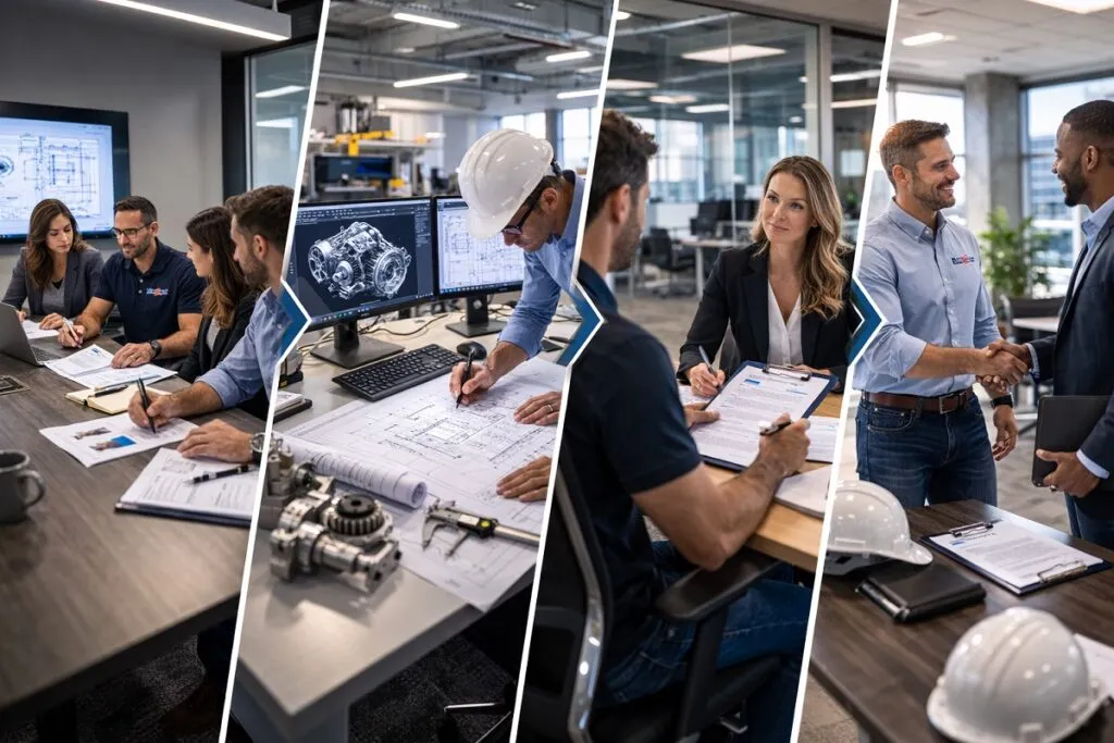 Engineering recruitment process showing client meeting, candidate review, interview, and direct hire placement