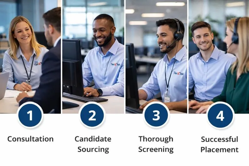 IT support recruiting process showing consultation, sourcing, screening, and placement