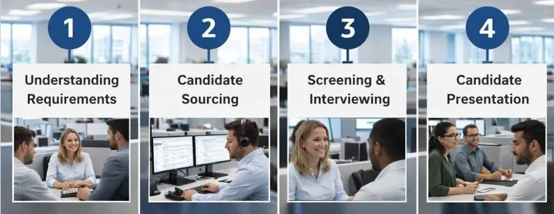 Tier2Tek recruiters working through a structured IT hiring process from requirements to candidate presentation.