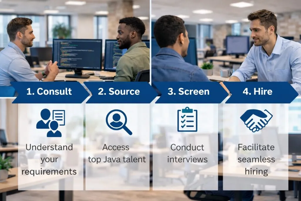 Four step Java developer recruitment process in professional office setting for Tier2Tek Staffing