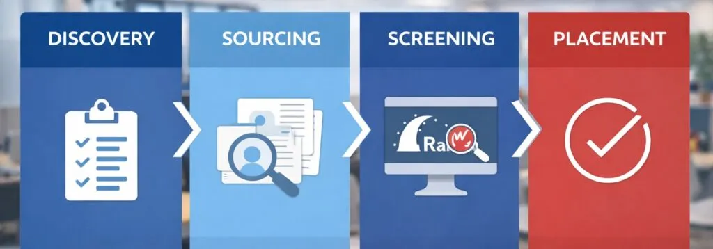 Ruby on Rails recruitment process steps Discovery Sourcing Screening Placement