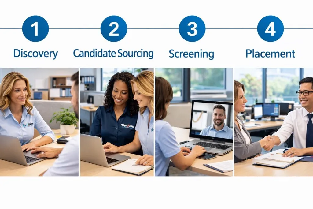 Tier2Tek technical writer recruitment process showing discovery, sourcing, screening, and placement stages