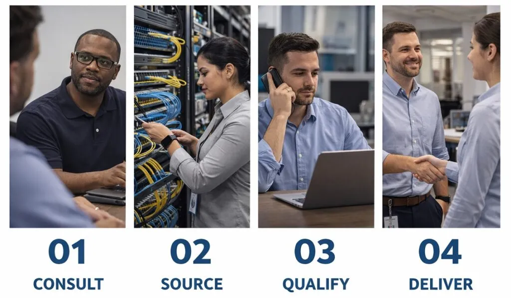 Tier2Tek telecom recruitment process showing consult, source, qualify, and deliver steps