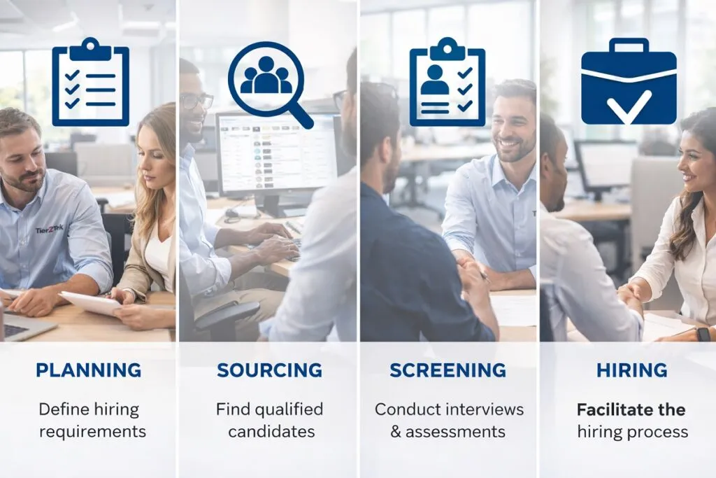 Web developer recruitment process showing planning, sourcing, screening, and hiring in a professional office setting